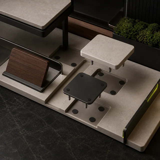 Concept render detail of removable product cradles on a counter chassis