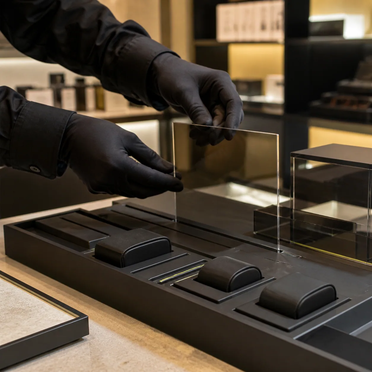 Concept image of gloved visual-merchandising hands replacing a blank acrylic campaign plate