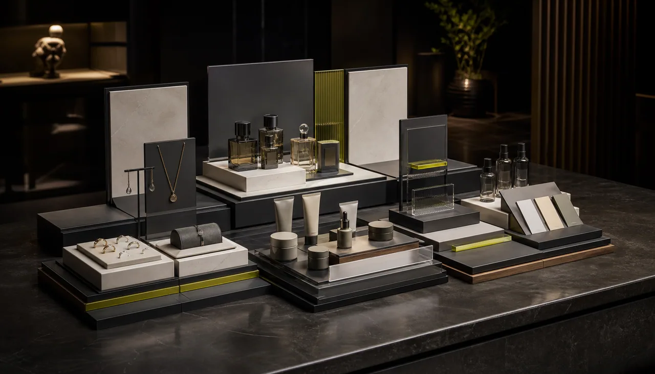 Pre-launch concept poster showing a modular retail display grid with staged products