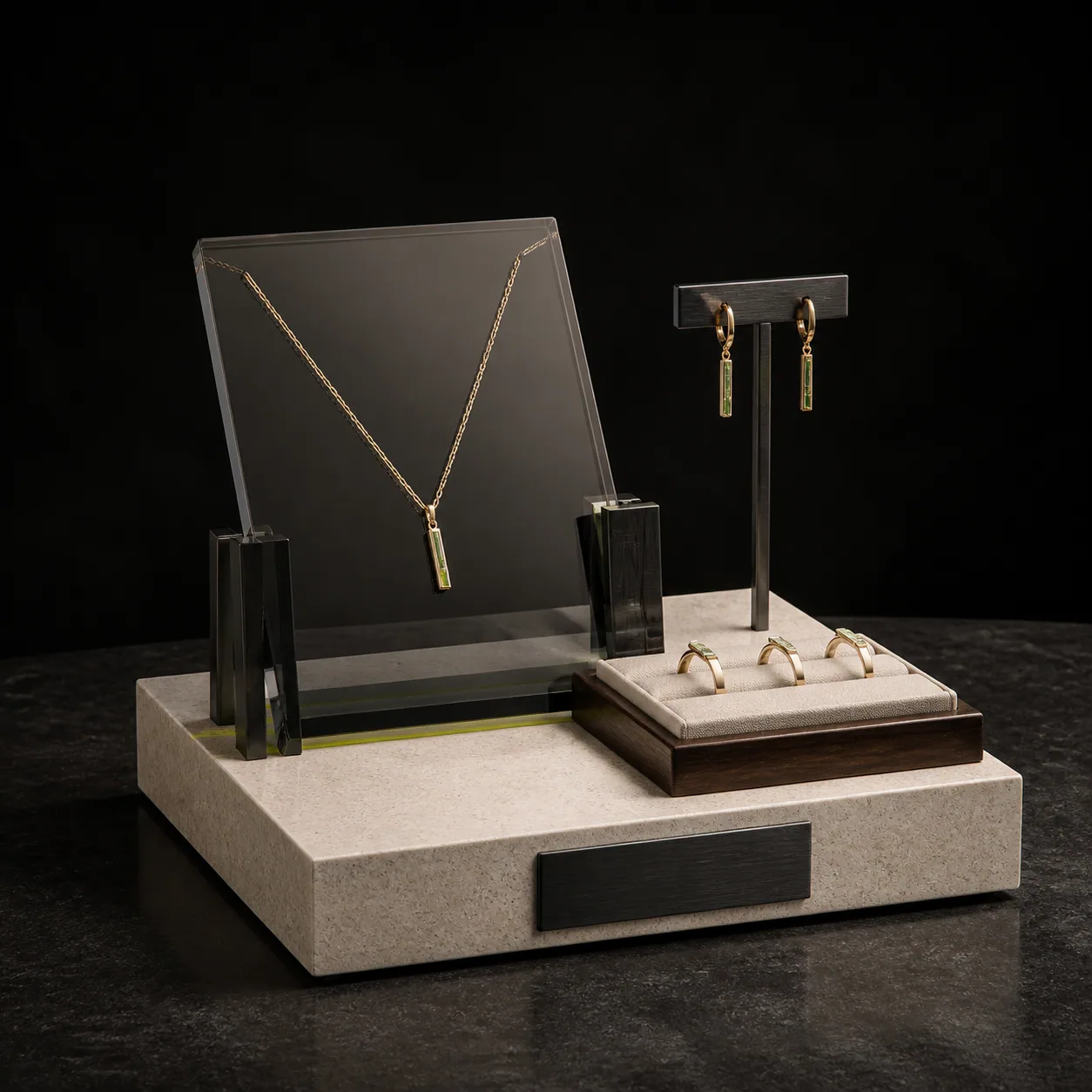 Concept render of the Jewellery Orbit Plinth from the front three-quarter view