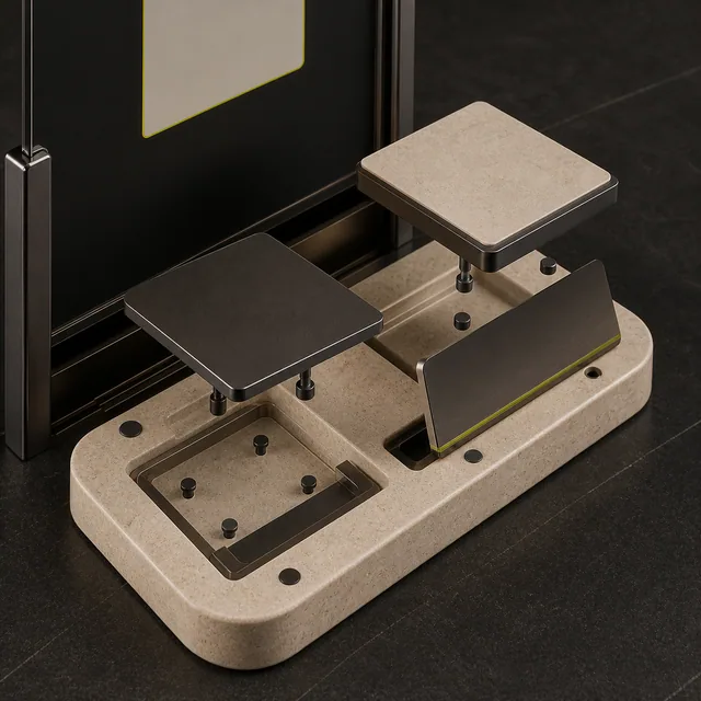 Concept render detail of removable service plates on a weighted QR stand