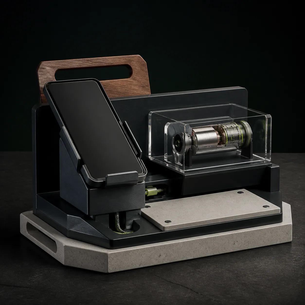 Concept render of the Trade-show Demo Dock from the front three-quarter view