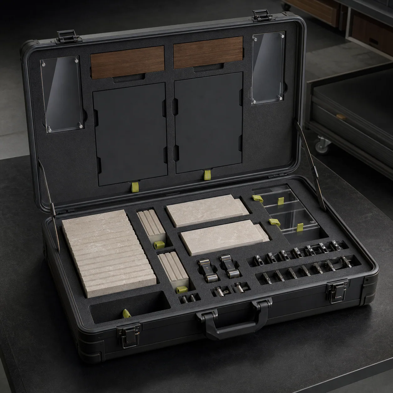 Concept render of a modular retail display protected in a fitted reusable transit case